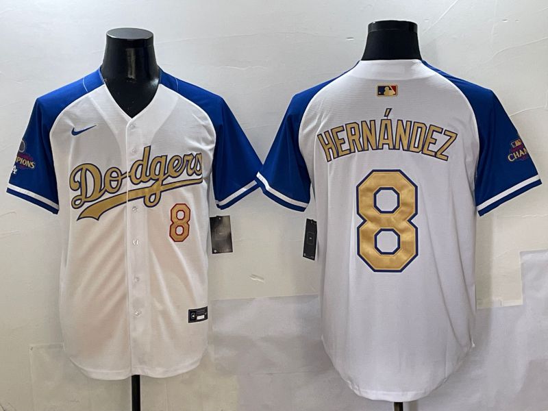 Men Los Angeles Dodgers #8 Hernandez White Blue Gold Game 2025 Nike MLB Jersey style 1